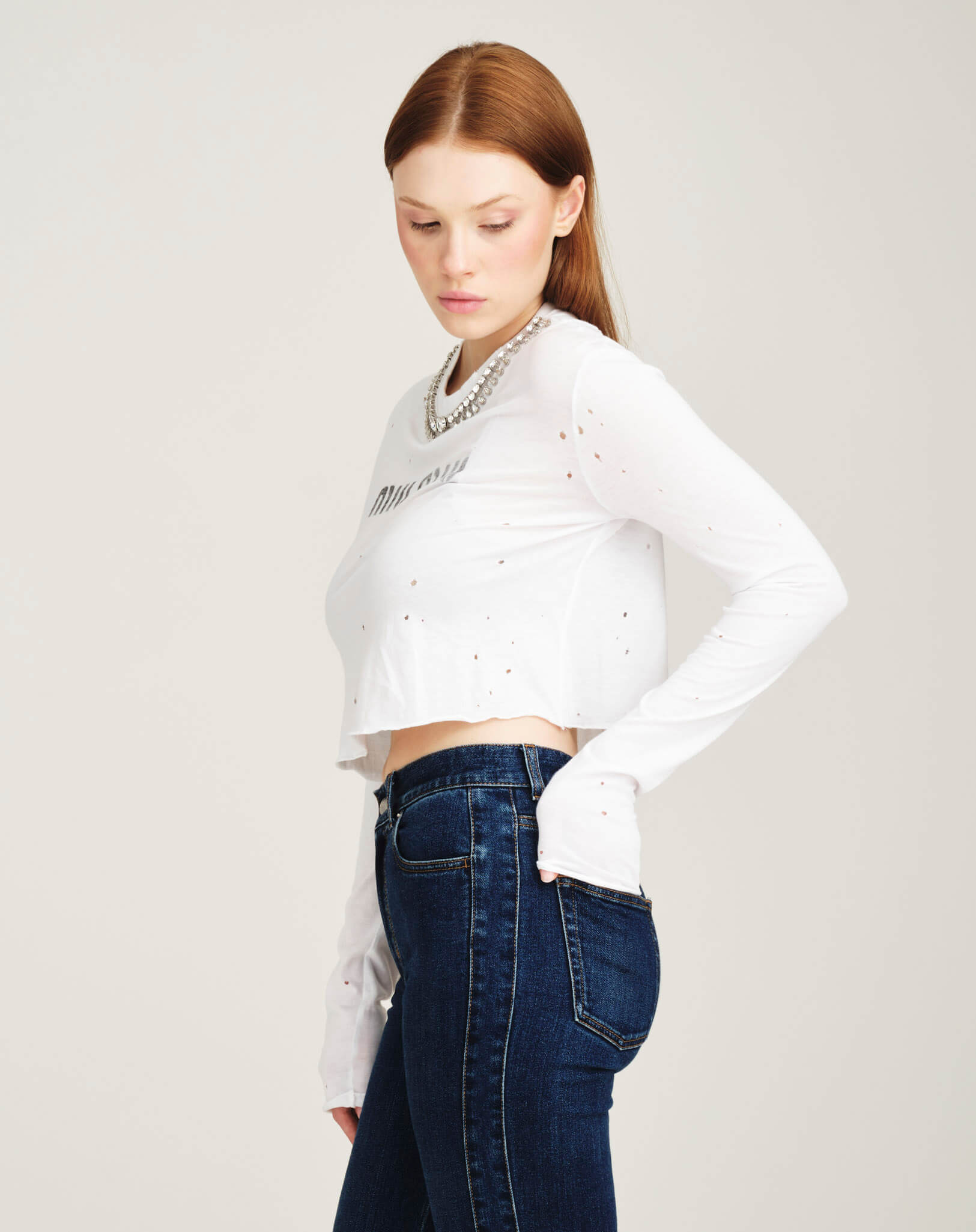 Miu Miu - Crystal Embroidered Long Sleveless Crop Top S